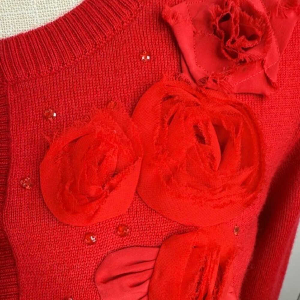 Fancy Red Cardigan with Fabric Florals and Crystal Detail - Picture 6 of 9